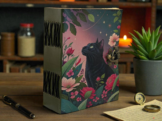 Cat journal Vintage Handmade leather Journal, Grimoire Fat journal Blank spell book of shadows Celestial Gifts For Her