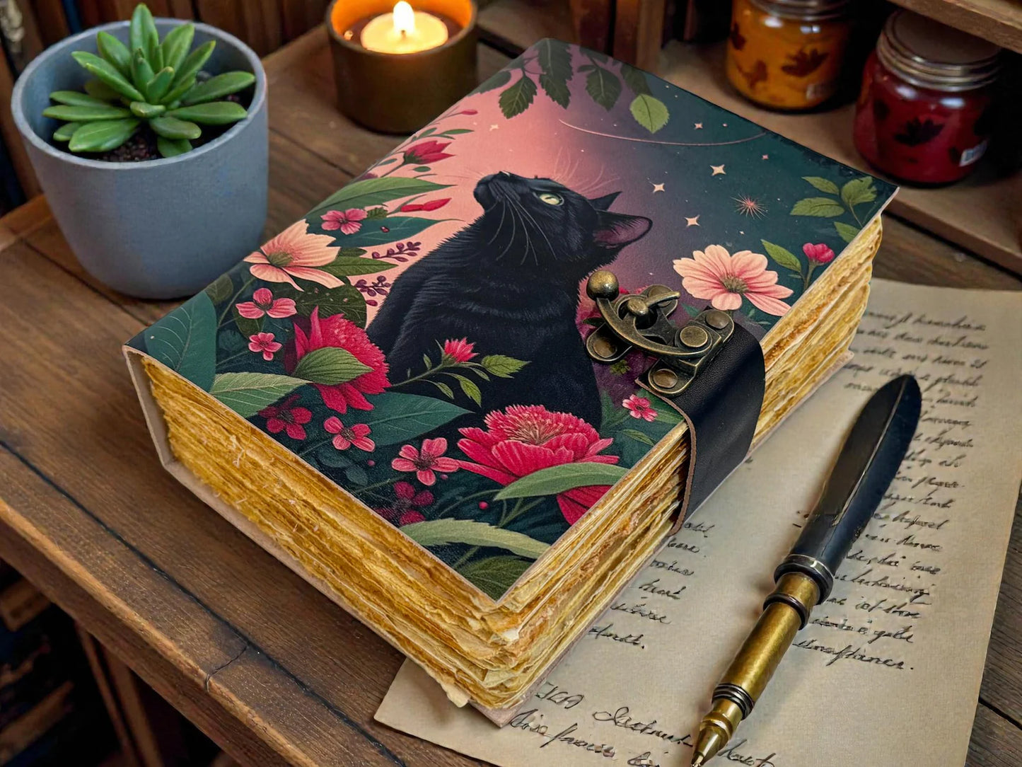 Cat journal Vintage Handmade leather Journal, Grimoire Fat journal Blank spell book of shadows Celestial Gifts For Her