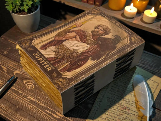 Jupiter Tarot Grimoire Leather Journal – God of Sky Thunder Notebook, Mythology & Witchcraft Writing Gift