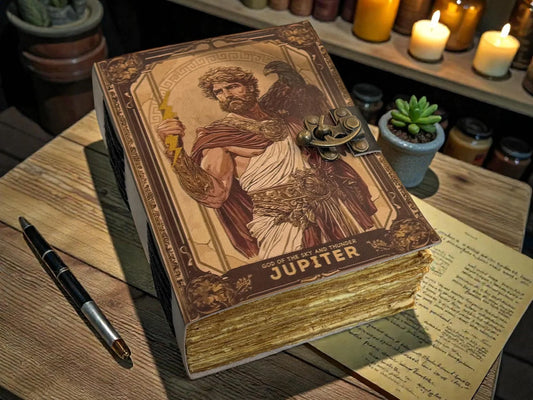 Jupiter Tarot Grimoire Leather Journal – God of Sky Thunder Notebook, Mythology & Witchcraft Writing Gift