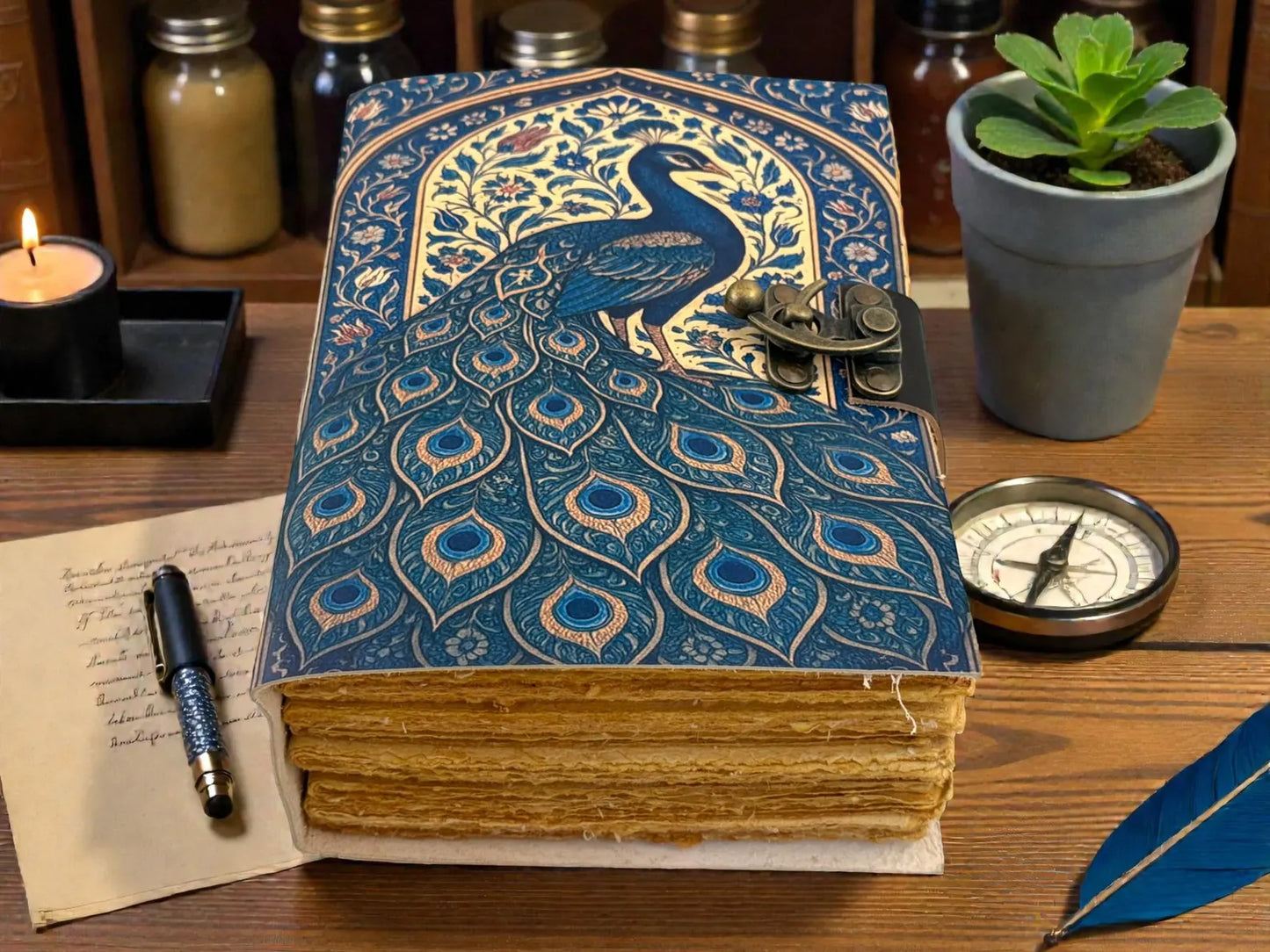 Peacock Leather Journal Handmade – Mystical Nature Notebook, Vintage Lock Diary, Witchcraft & Fantasy Writing Gift