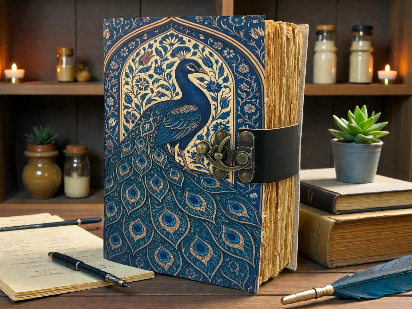 Peacock Leather Journal Handmade – Mystical Nature Notebook, Vintage Lock Diary, Witchcraft & Fantasy Writing Gift