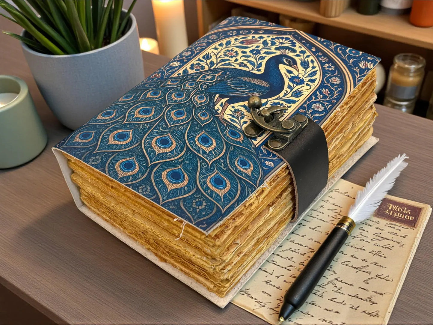 Peacock Leather Journal Handmade – Mystical Nature Notebook, Vintage Lock Diary, Witchcraft & Fantasy Writing Gift