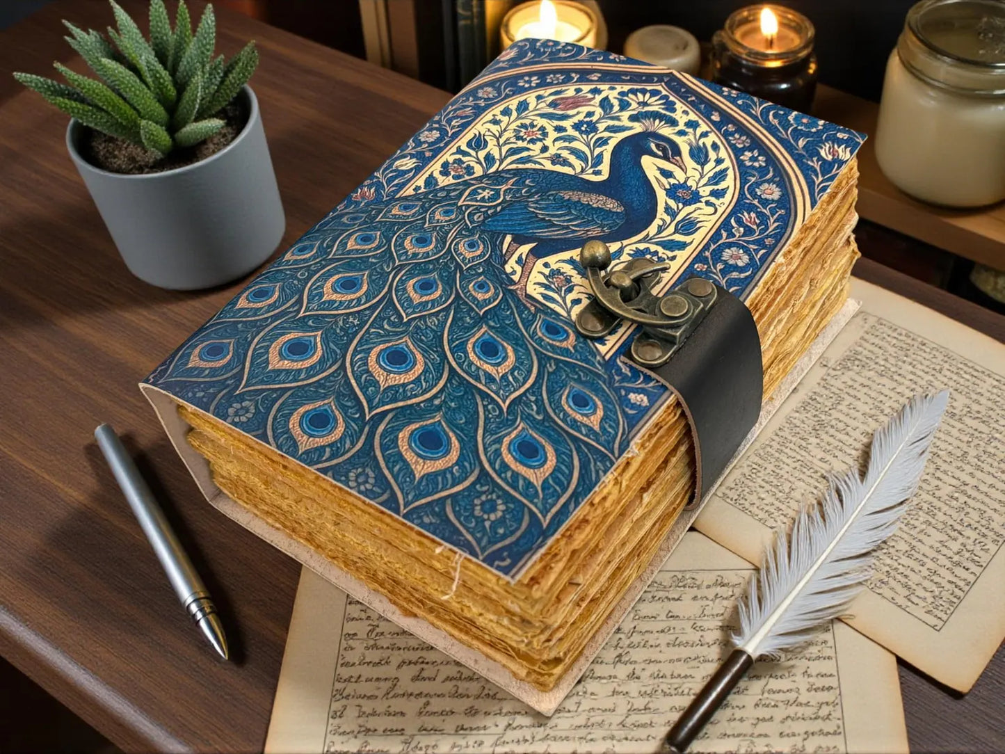 Peacock Leather Journal Handmade – Mystical Nature Notebook, Vintage Lock Diary, Witchcraft & Fantasy Writing Gift