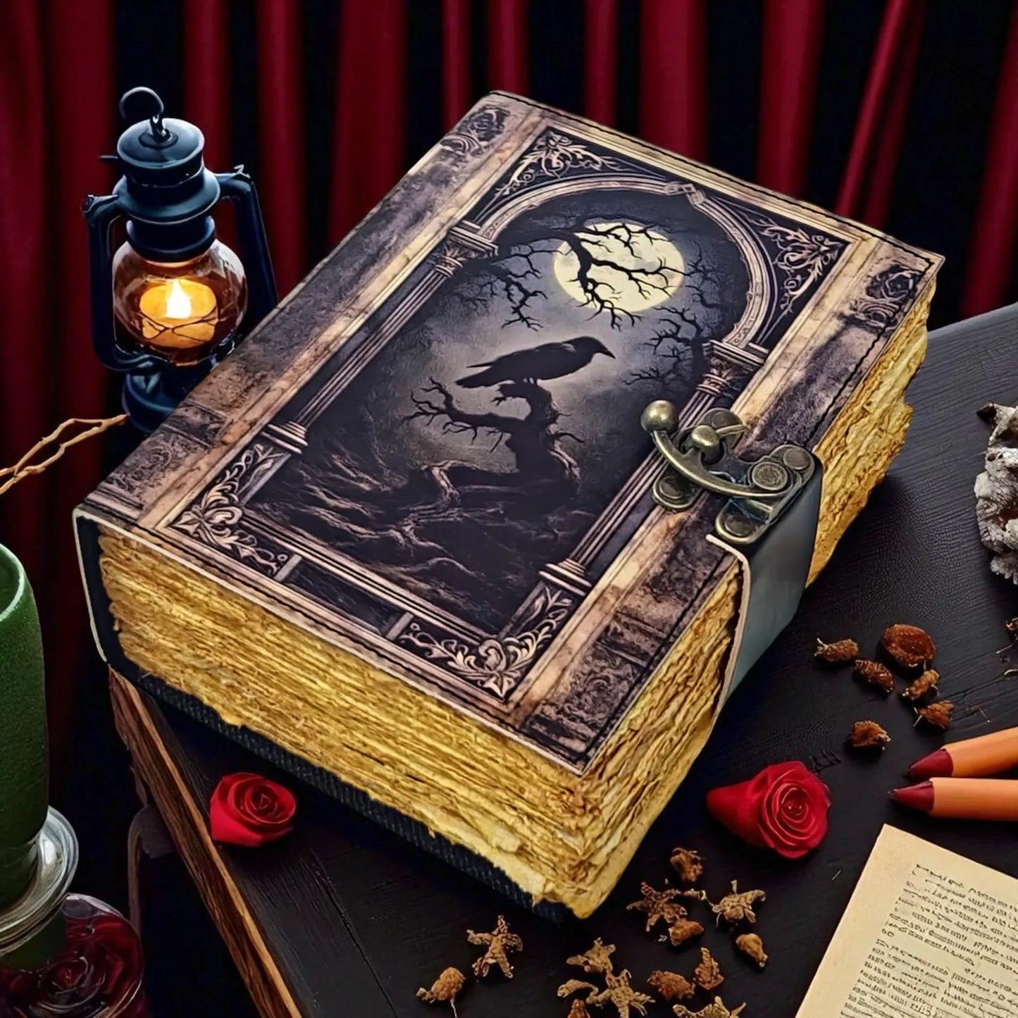 Handmade Raven & Moon Leather Journal – Gothic Sketchbook