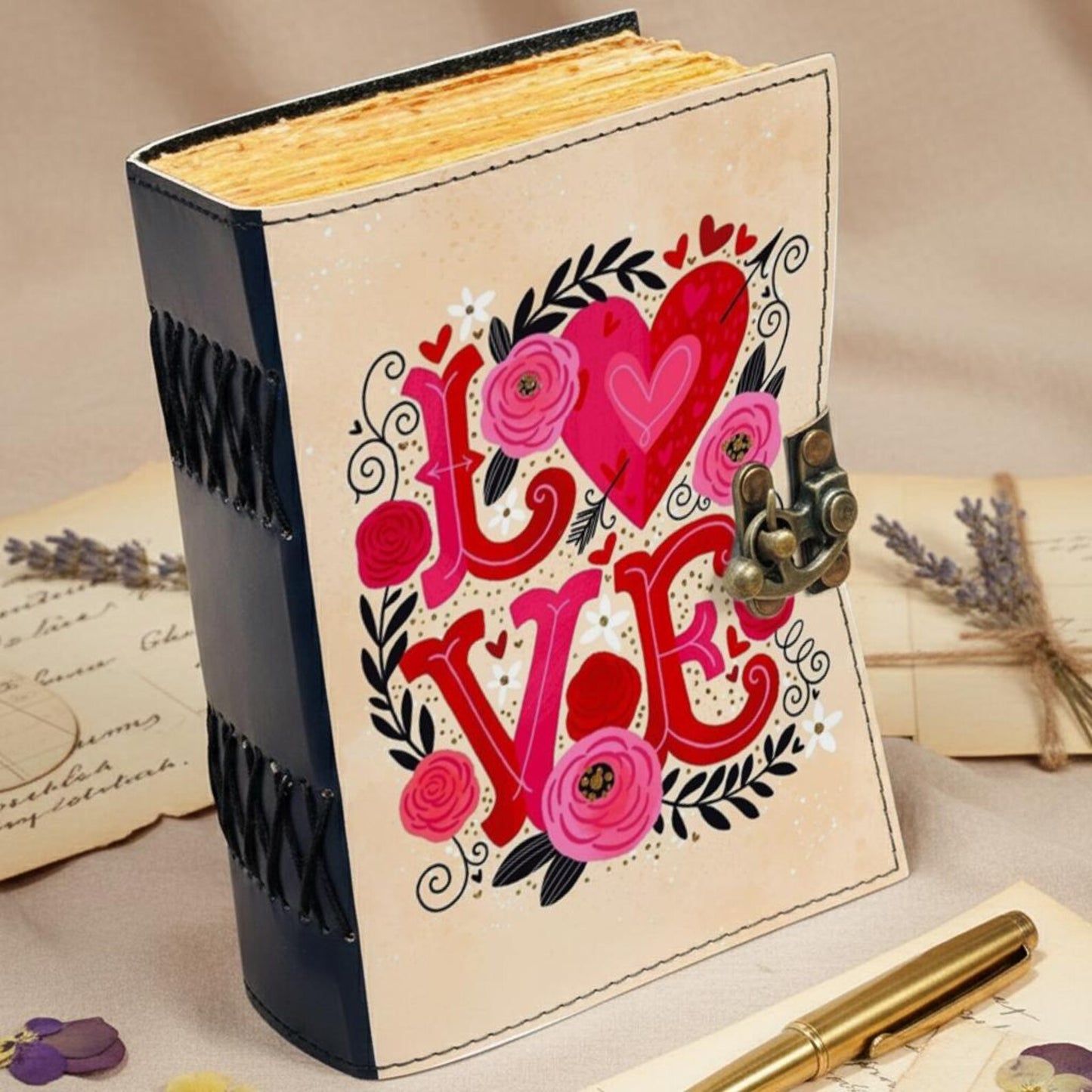 LOVE Leather Journal – Handmade Romantic Notebook with Lock, Vintage Deckle Edge Paper, Floral Heart Diary, Valentine Anniversary Gift