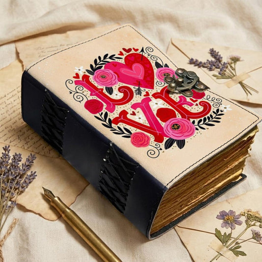 LOVE Leather Journal – Handmade Romantic Notebook with Lock, Vintage Deckle Edge Paper, Floral Heart Diary, Valentine Anniversary Gift