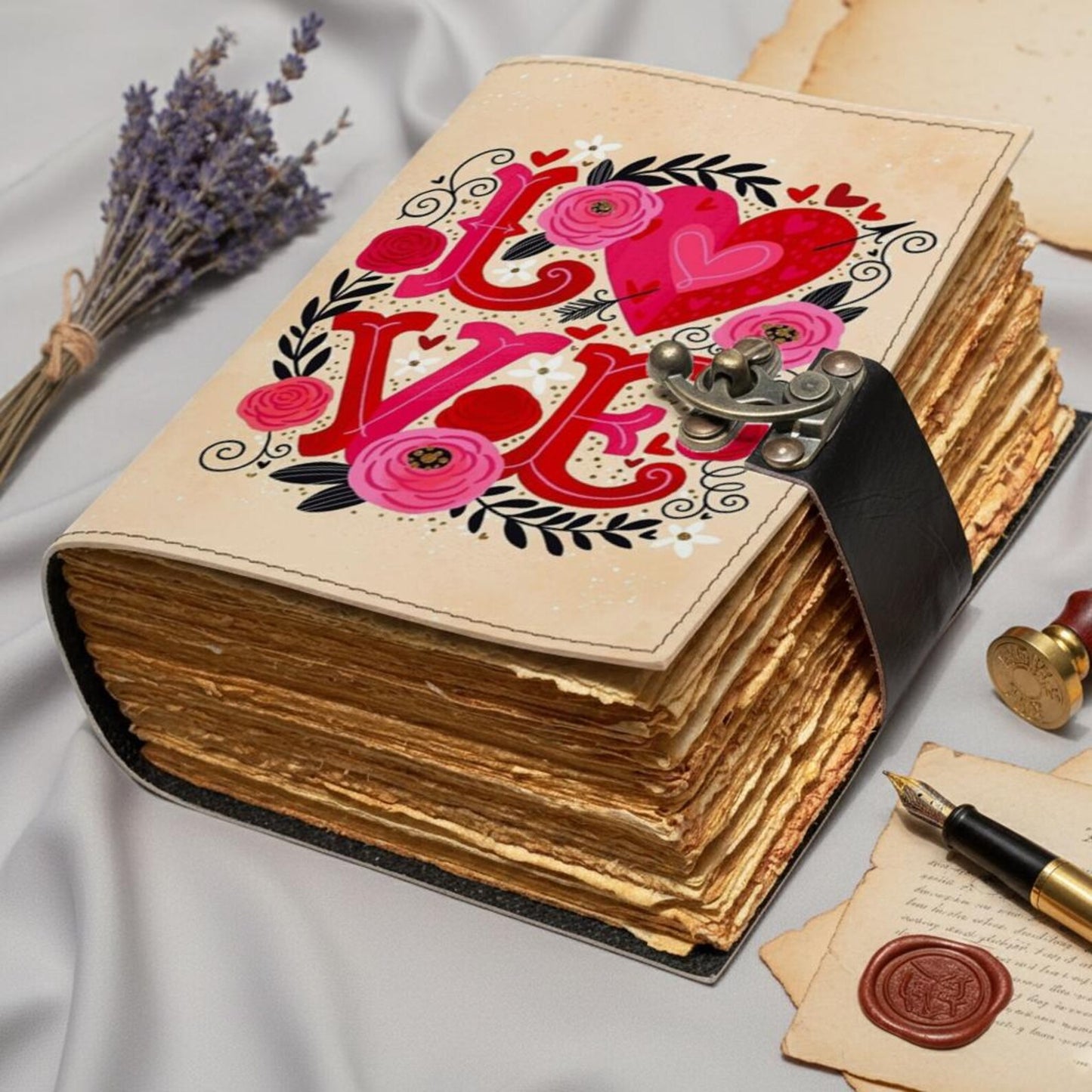 LOVE Leather Journal – Handmade Romantic Notebook with Lock, Vintage Deckle Edge Paper, Floral Heart Diary, Valentine Anniversary Gift