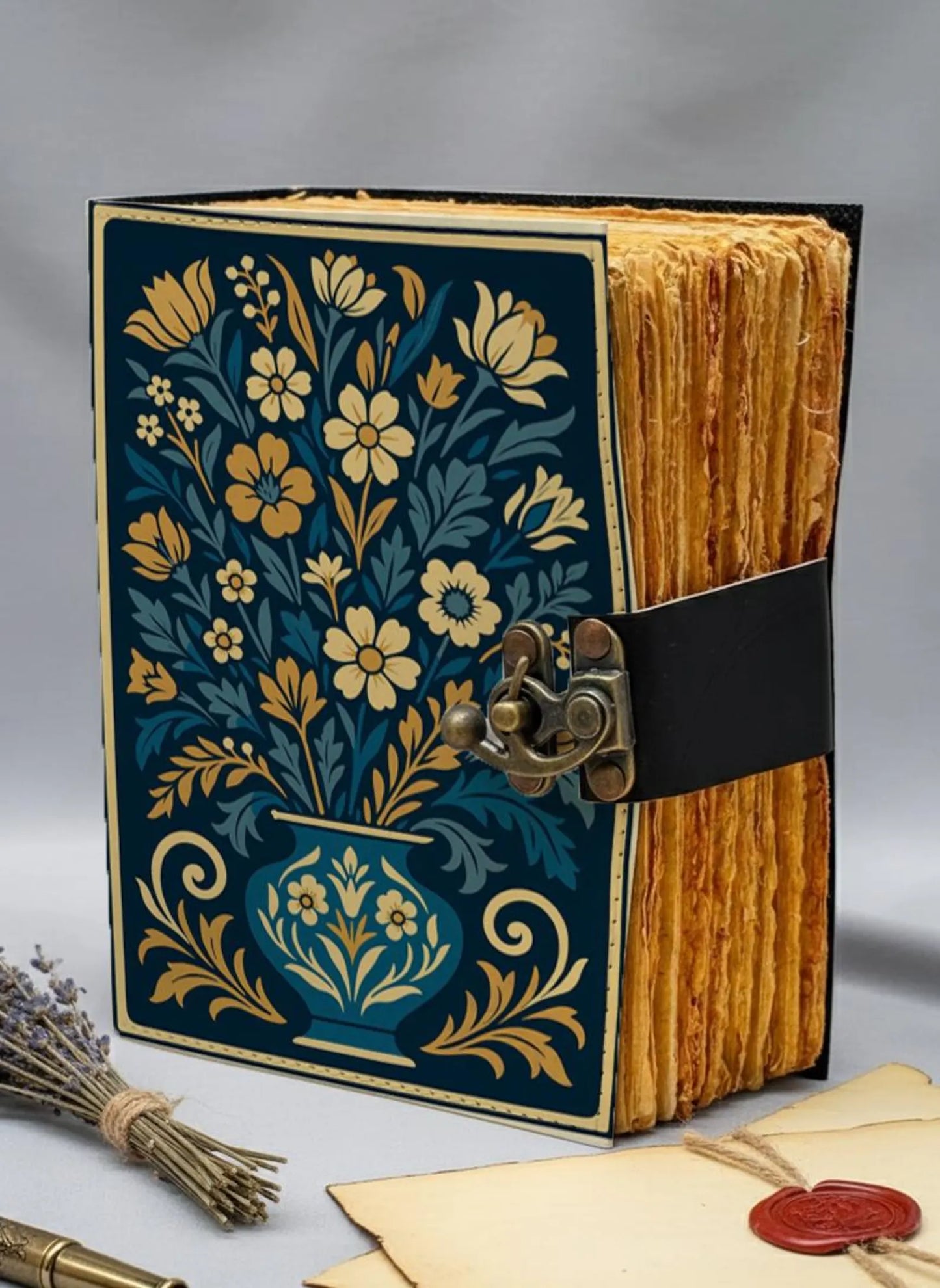 Blue Floral Leather Journal – Handmade Vintage Notebook with Lock, Gold Botanical Design, Antique Deckle Edge Paper, Writing Diary Gift