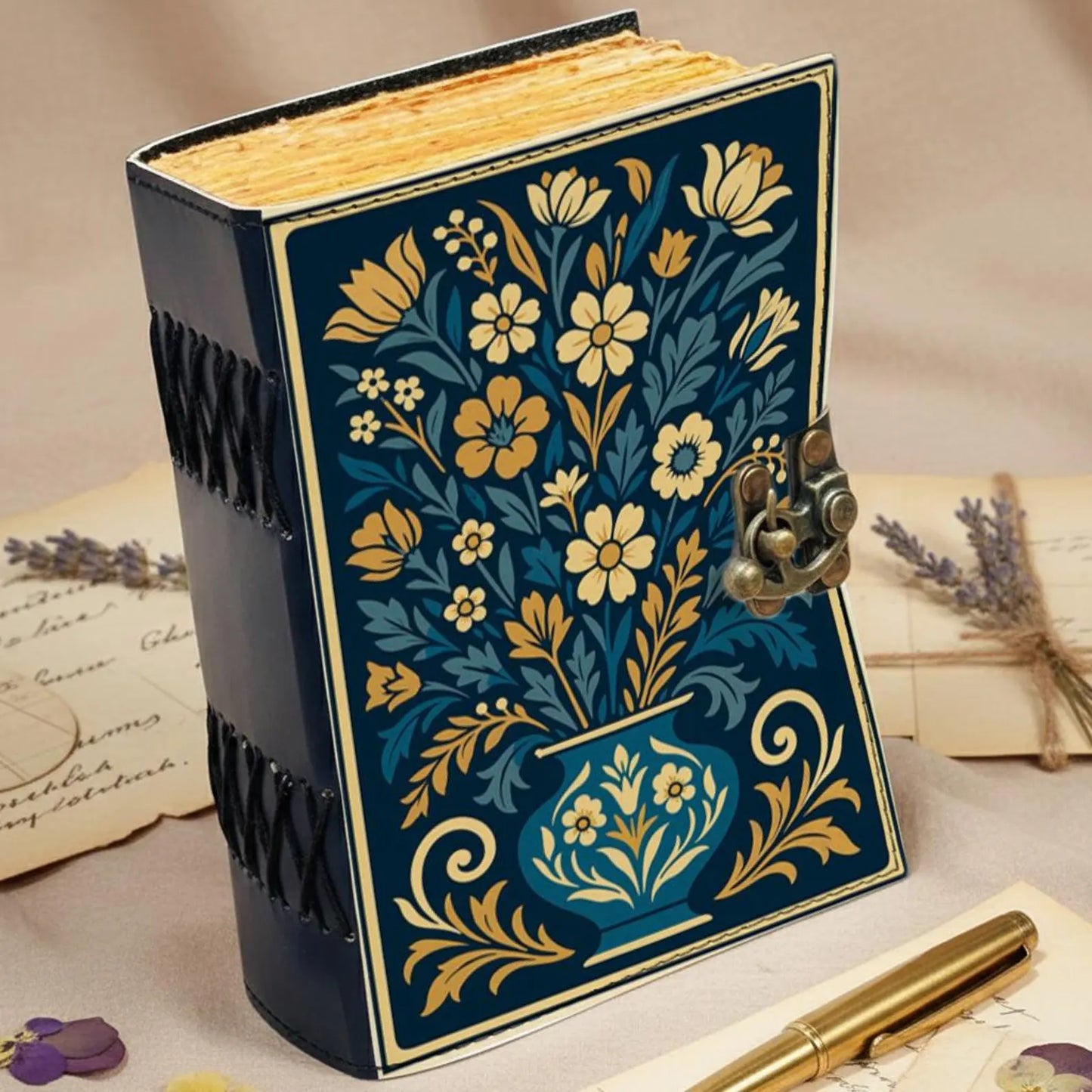 Blue Floral Leather Journal – Handmade Vintage Notebook with Lock, Gold Botanical Design, Antique Deckle Edge Paper, Writing Diary Gift