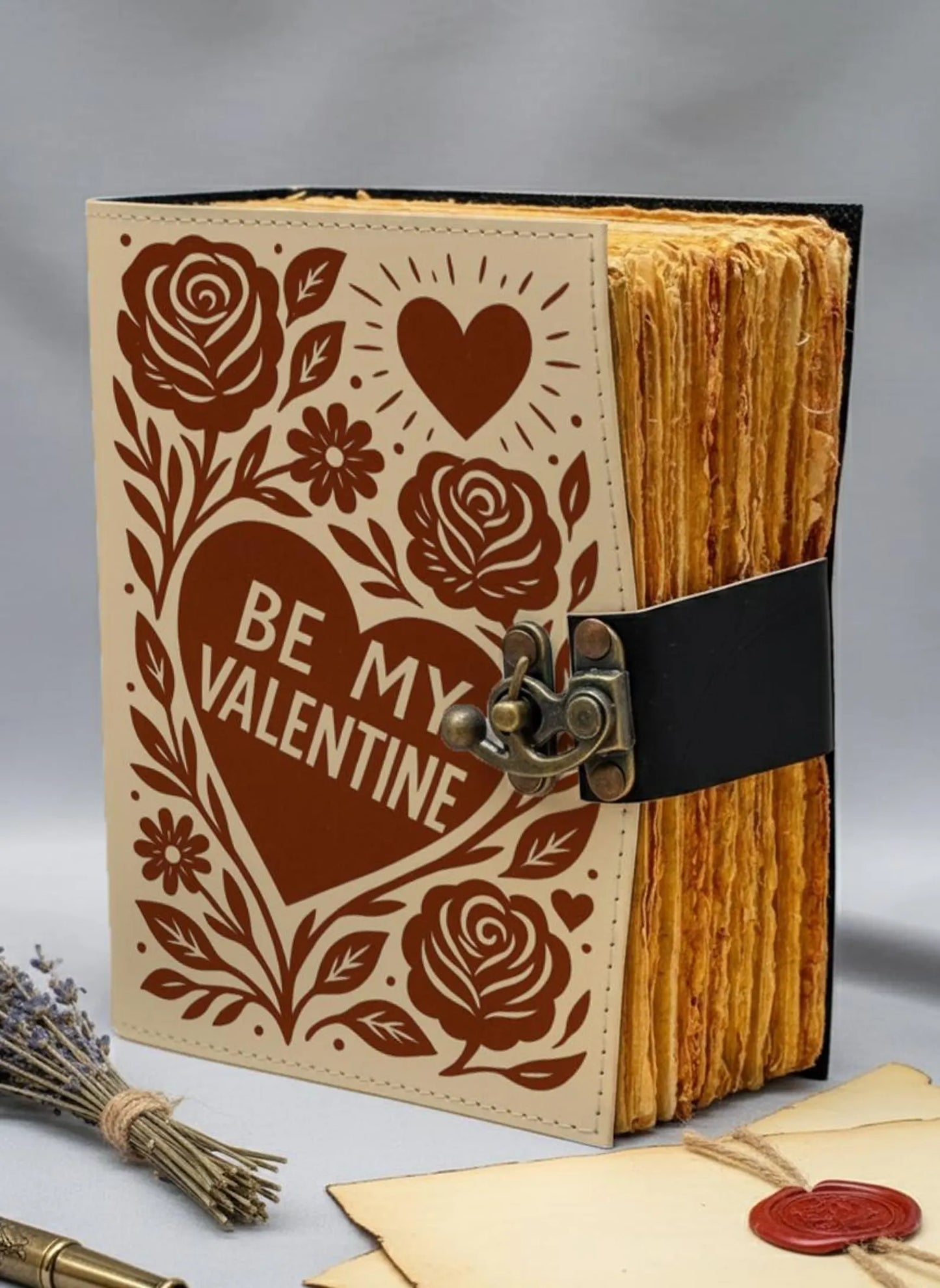 LOVE Leather Journal – Handmade Romantic Notebook with Lock, Vintage Deckle Edge Paper, Floral Heart Diary, Valentine Anniversary Gift