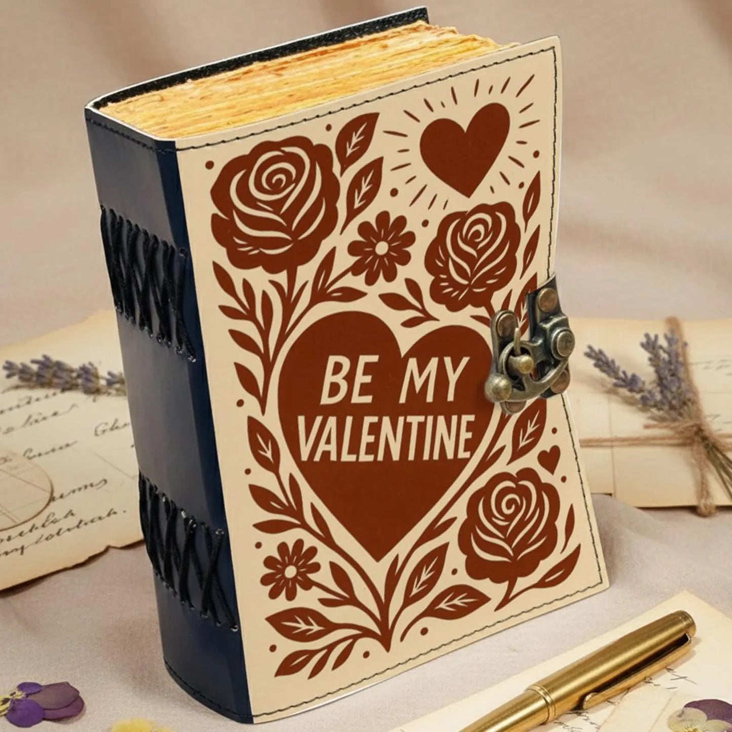LOVE Leather Journal – Handmade Romantic Notebook with Lock, Vintage Deckle Edge Paper, Floral Heart Diary, Valentine Anniversary Gift
