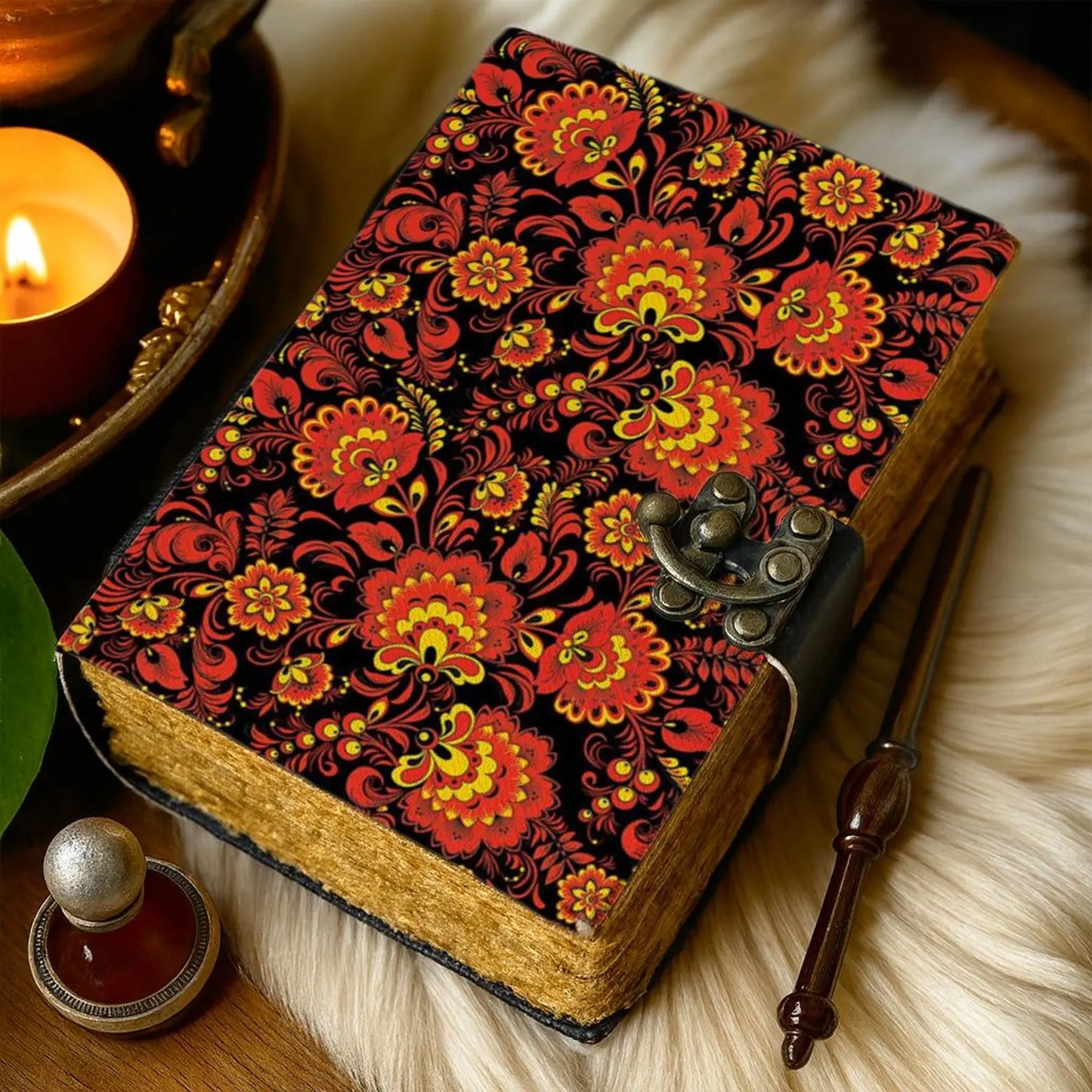 Handmade Leather Floral Journal – Red & Gold Folk Art Notebook, Vintage Deckle Edge Paper, Boho Writing Diary Gift