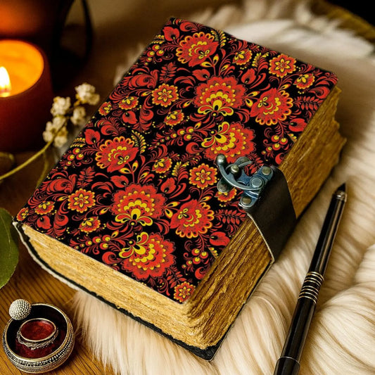 Handmade Leather Floral Journal – Red & Gold Folk Art Notebook, Vintage Deckle Edge Paper, Boho Writing Diary Gift
