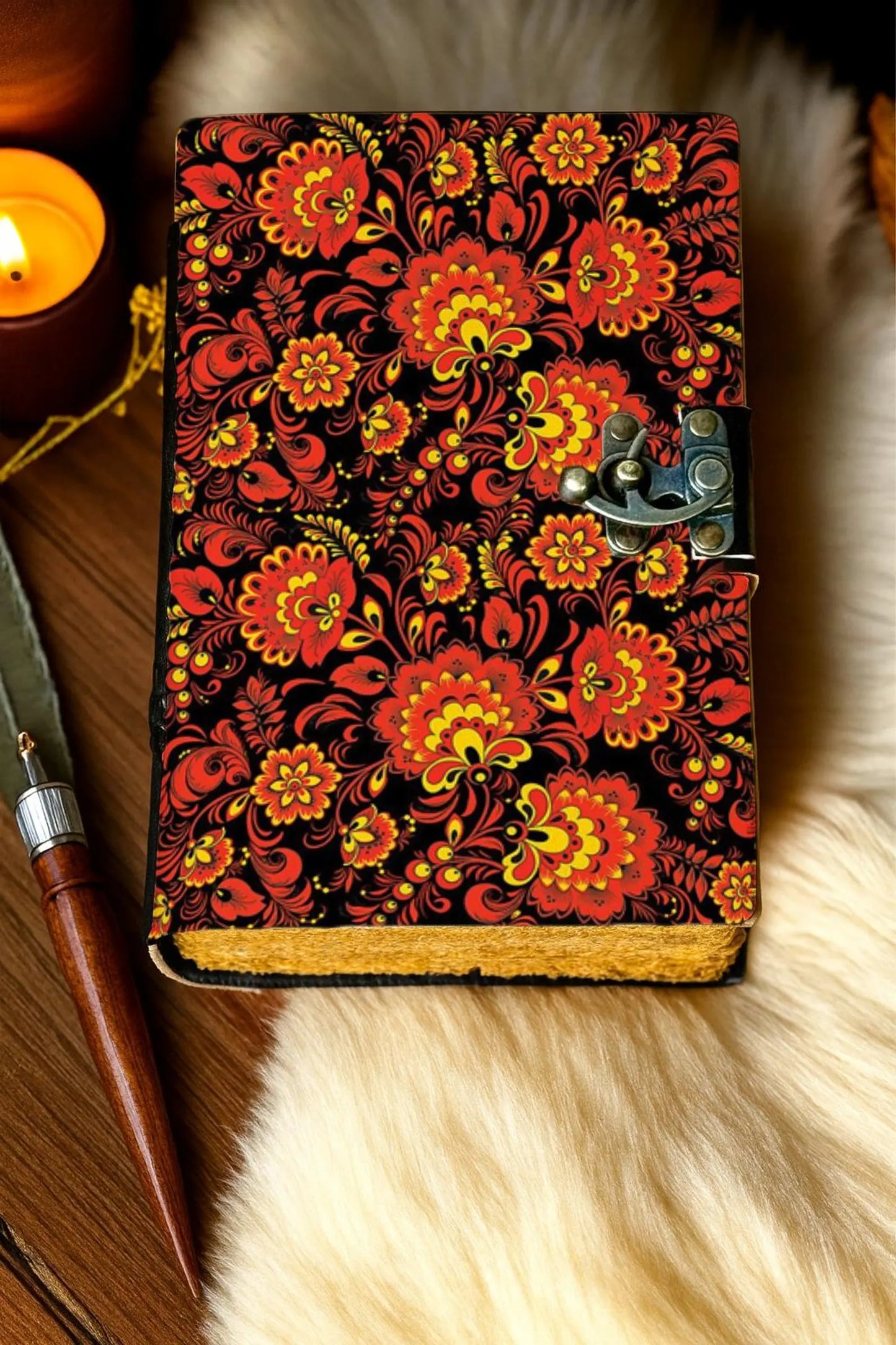 Handmade Leather Floral Journal – Red & Gold Folk Art Notebook, Vintage Deckle Edge Paper, Boho Writing Diary Gift