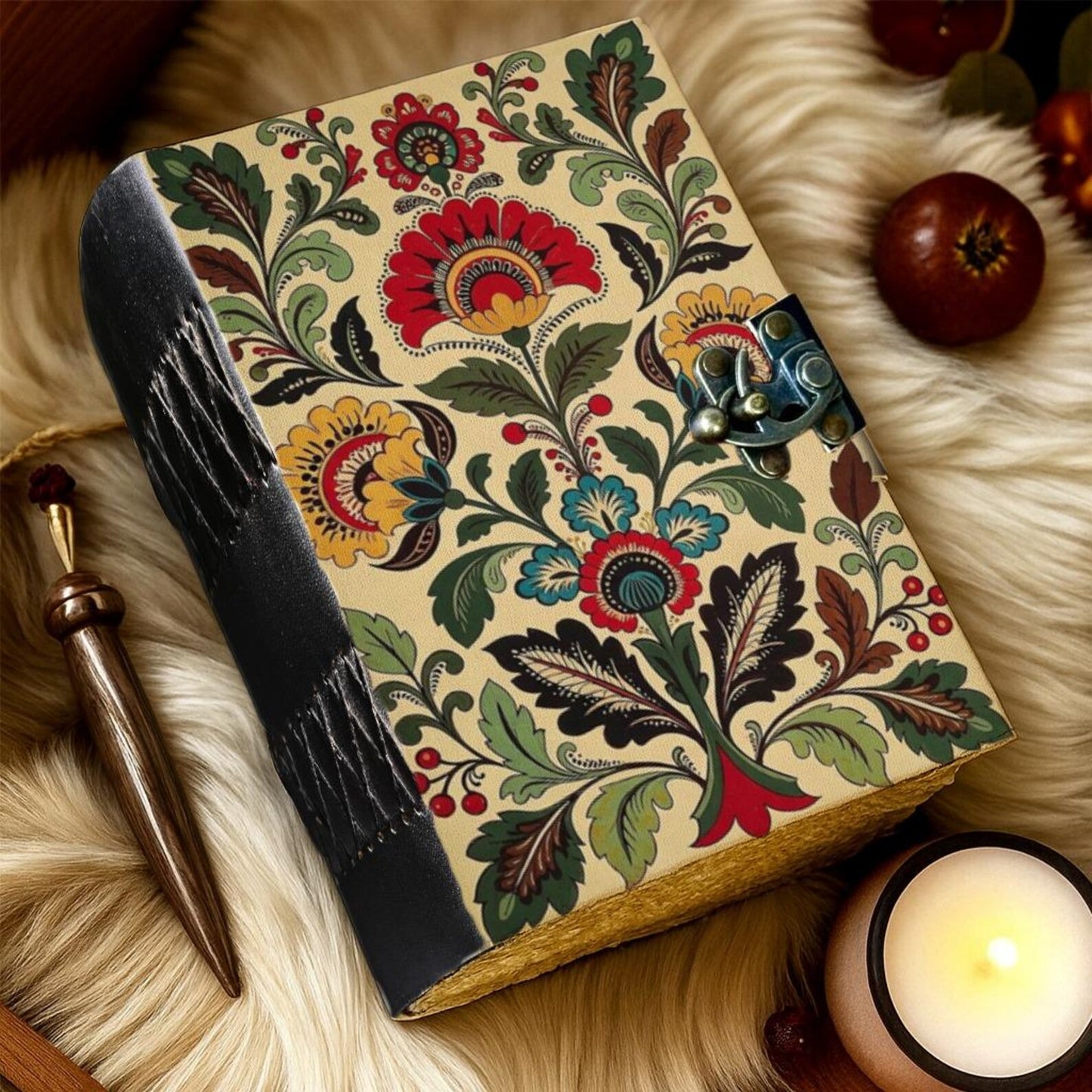 Handmade Leather Floral Journal – Vintage Cream Botanical Notebook, Deckle Edge Paper, Boho Writing Diary Gift