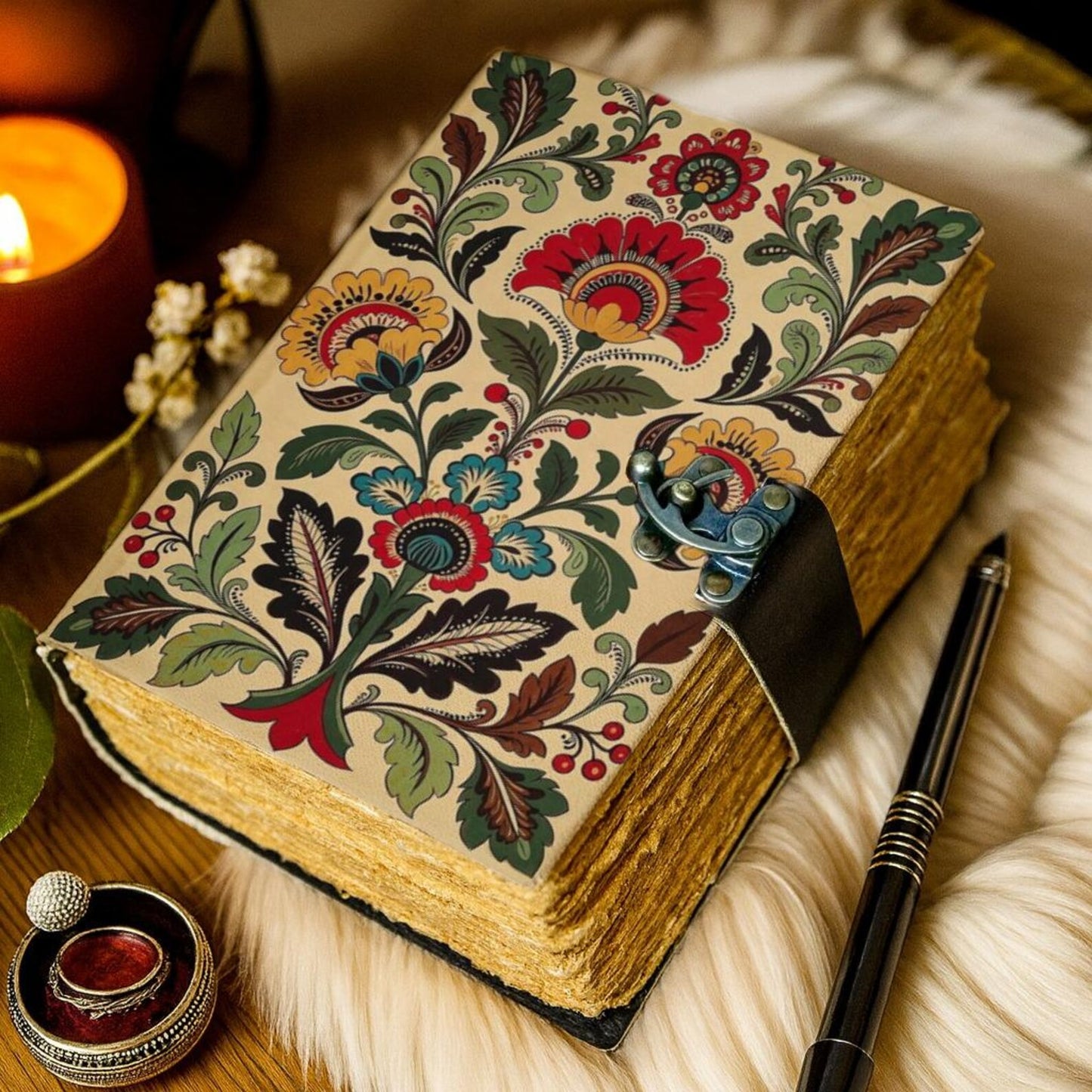 Handmade Leather Floral Journal – Vintage Cream Botanical Notebook, Deckle Edge Paper, Boho Writing Diary Gift