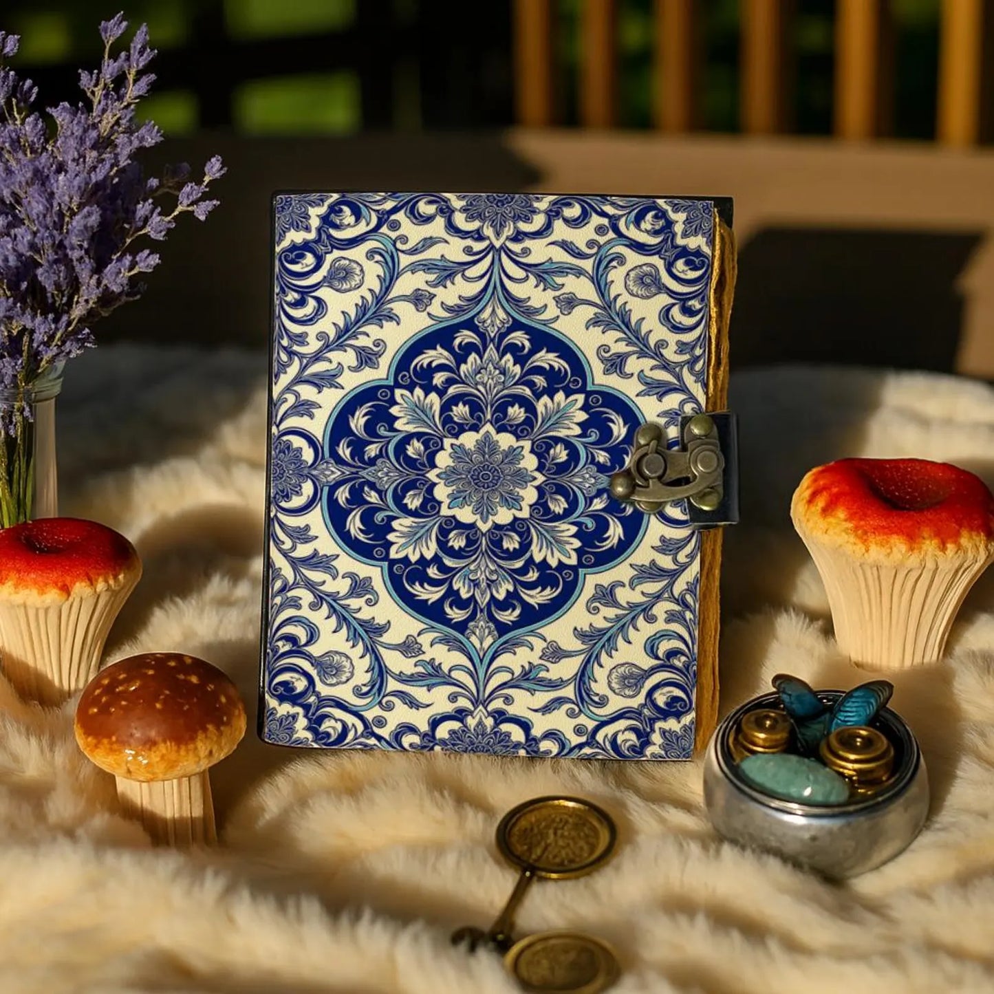 Handmade Leather Mandala Journal – Blue Floral Vintage Notebook, Deckle Edge Paper, Boho Writing Diary Gift