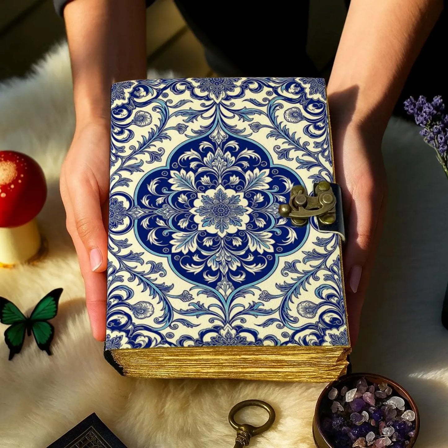 Handmade Leather Mandala Journal – Blue Floral Vintage Notebook, Deckle Edge Paper, Boho Writing Diary Gift