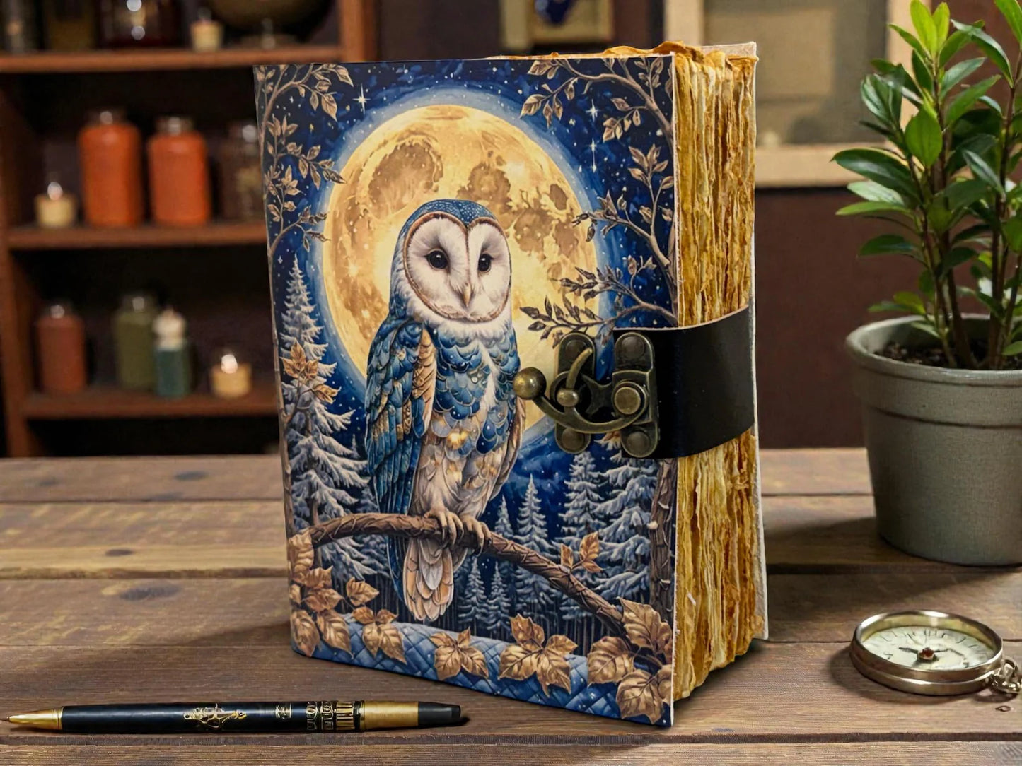 Owl Moon Vintage Leather Journal Grimoire Gift– Witchy magic Notebook, Gothic Writing Journal,