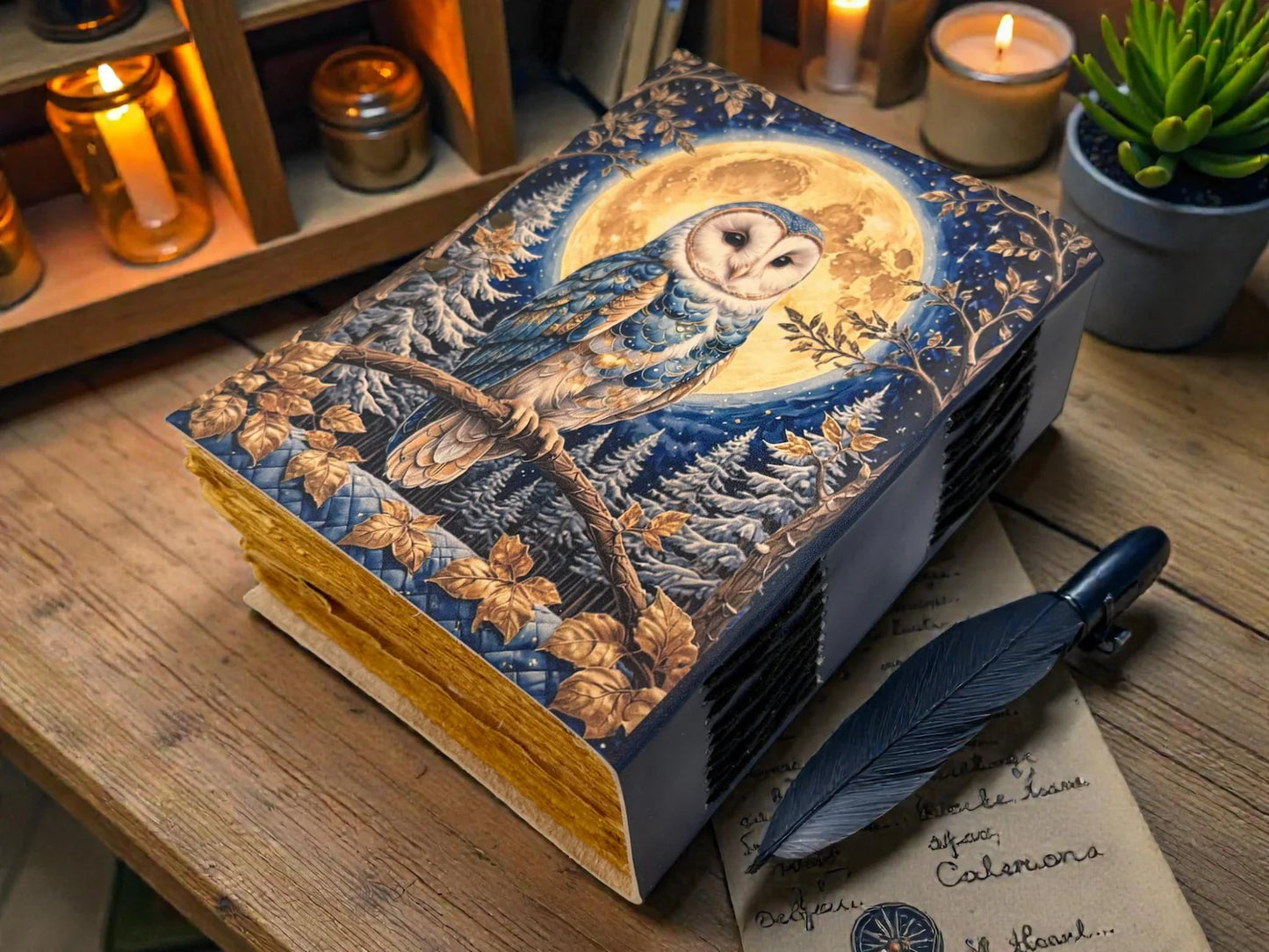 Owl Moon Vintage Leather Journal Grimoire Gift– Witchy magic Notebook, Gothic Writing Journal,