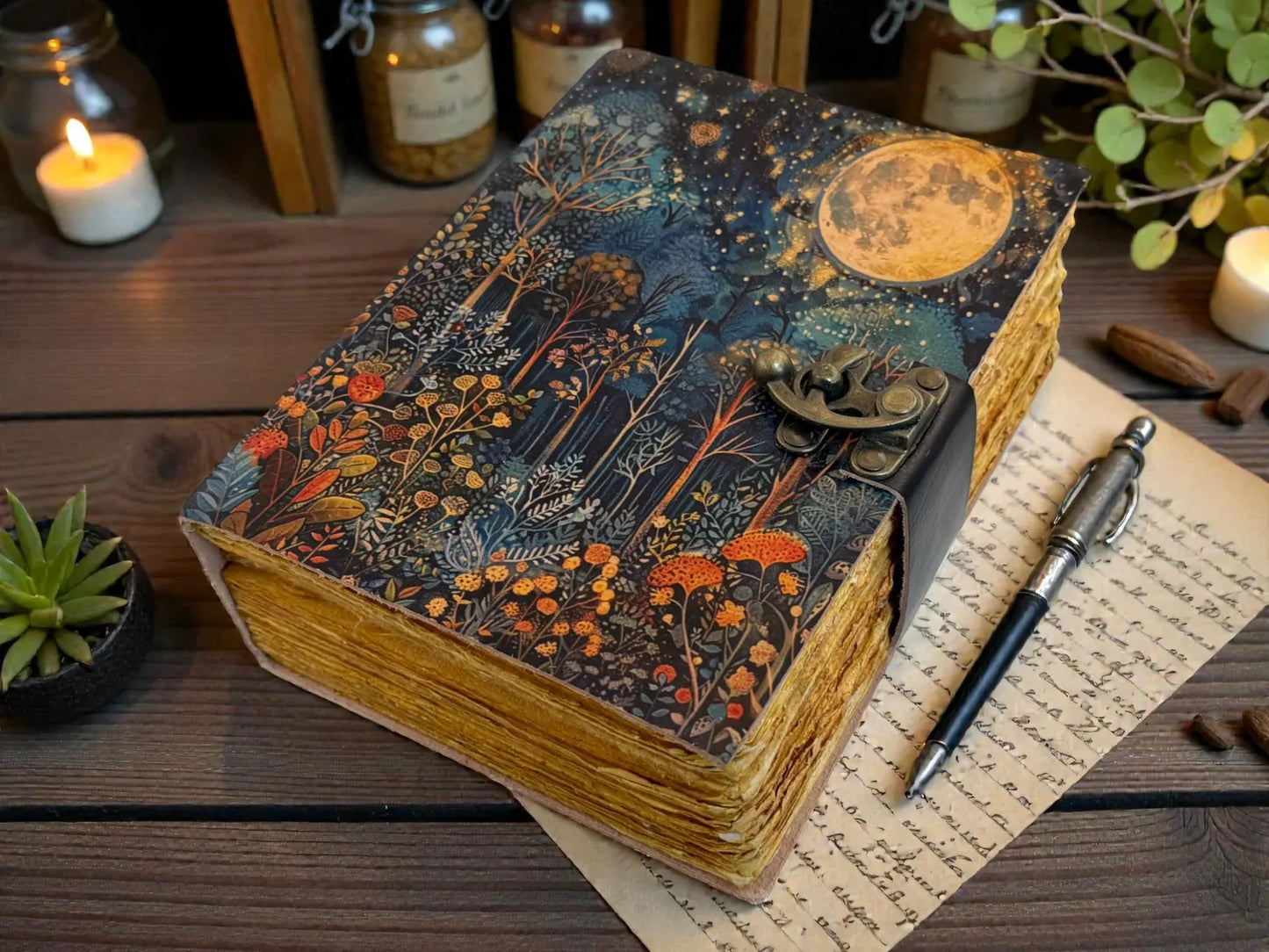 Moonlit Forest Vintage Leather Journal – Handmade Moon Night Notebook, Mystical Nature Writing Journal,