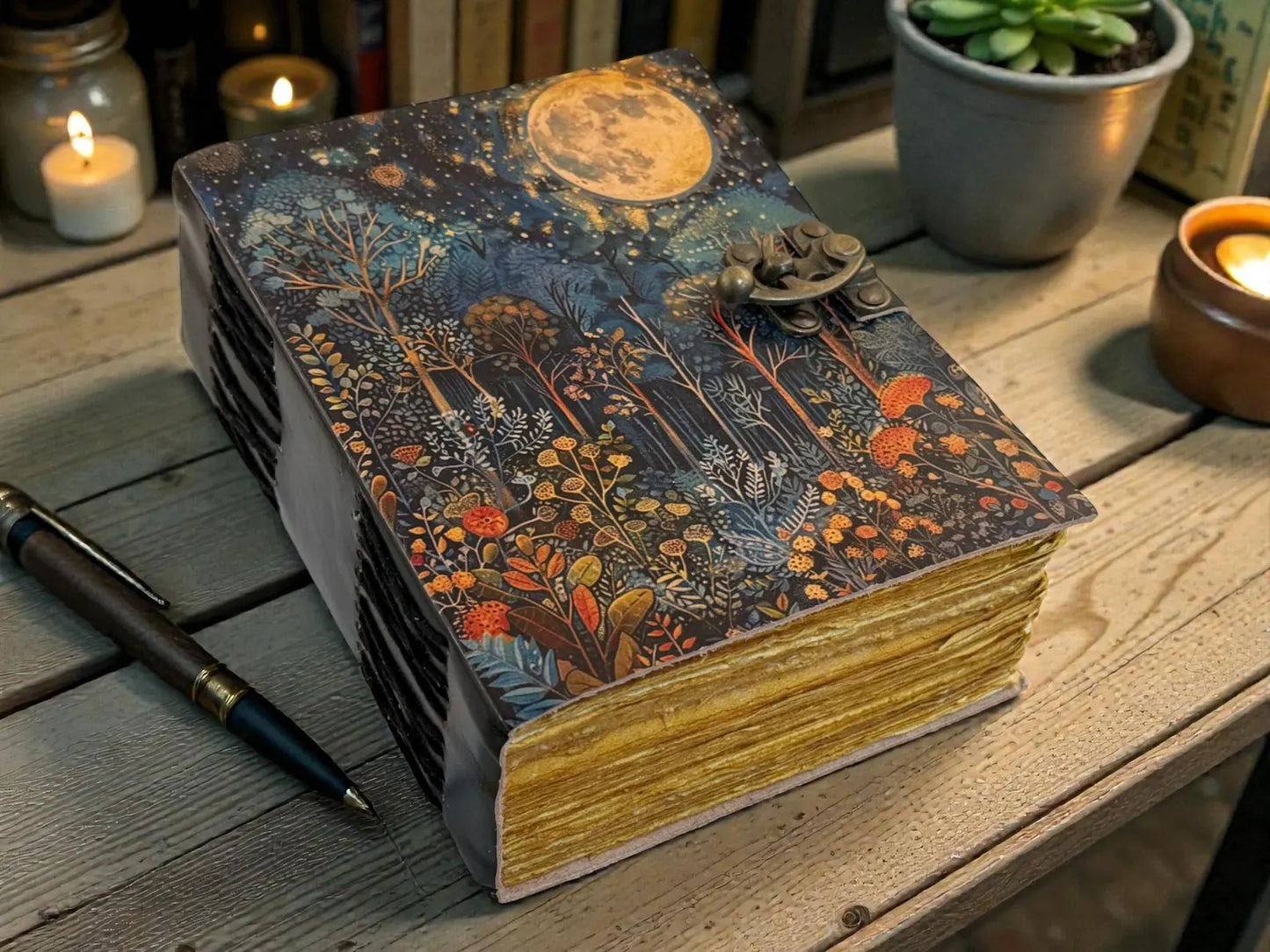 Moonlit Forest Vintage Leather Journal – Handmade Moon Night Notebook, Mystical Nature Writing Journal,