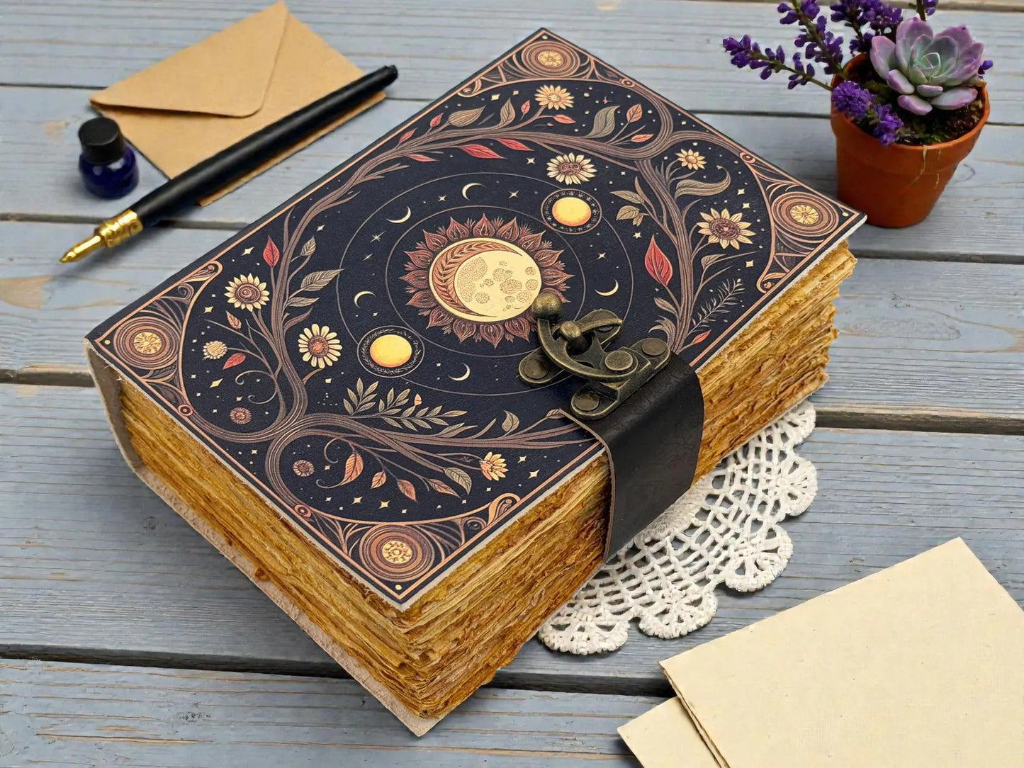 Sun Moon Grimoire Leather Journal – Celestial Astrology Notebook, Vintage Spell Book Gift for her