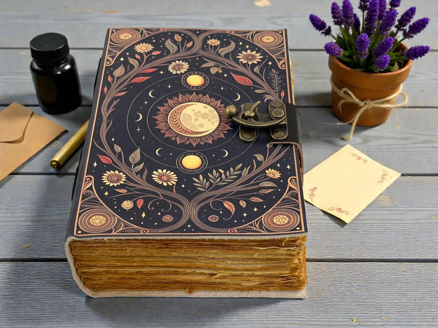 Sun Moon Grimoire Leather Journal – Celestial Astrology Notebook, Vintage Spell Book Gift for her
