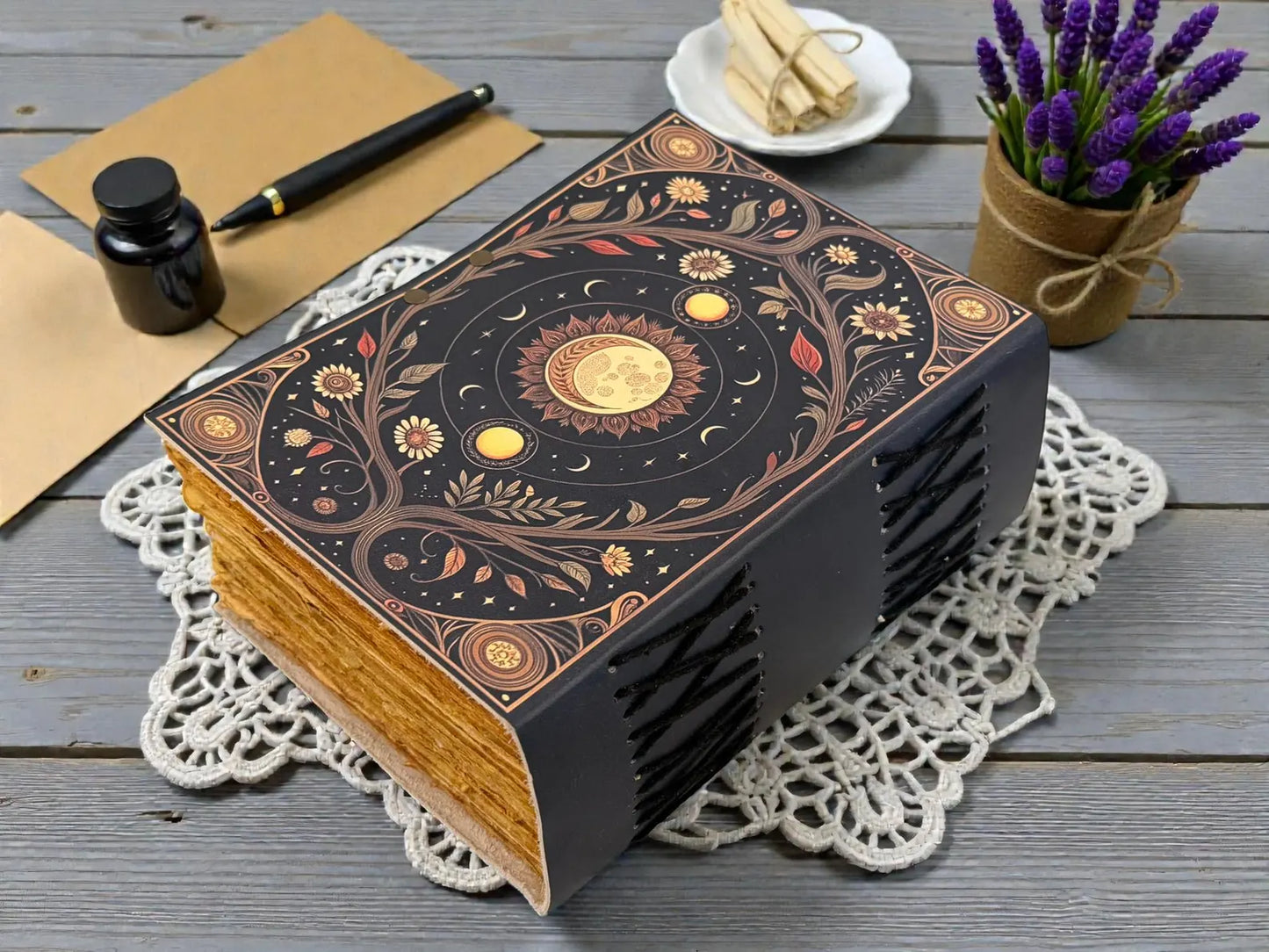 Sun Moon Grimoire Leather Journal – Celestial Astrology Notebook, Vintage Spell Book Gift for her