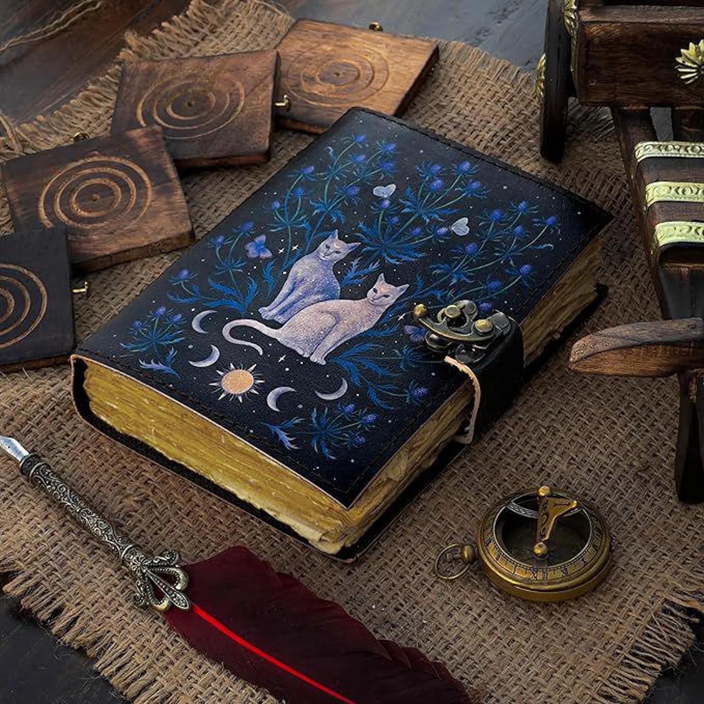 Leather Journal Cat Handmade Gothic Grimoire Book of Shadows Print, Blank Spell Book Celestial Journal Gift for Him Her