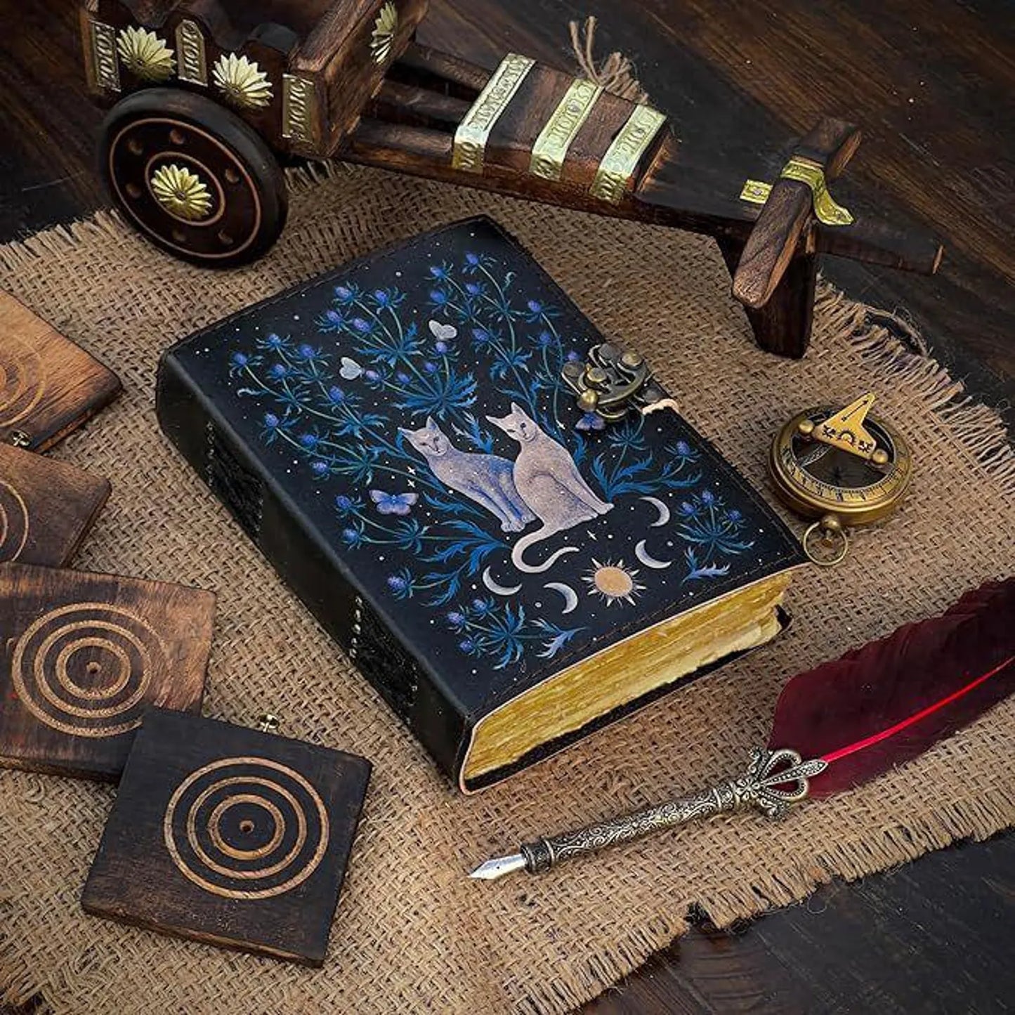 Leather Journal Cat Handmade Gothic Grimoire Book of Shadows Print, Blank Spell Book Celestial Journal Gift for Him Her
