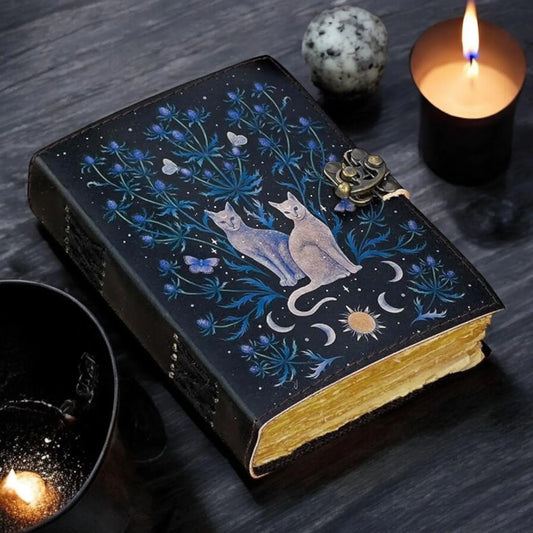 Leather Journal Cat Handmade Gothic Grimoire Book of Shadows Print, Blank Spell Book Celestial Journal Gift for Him Her