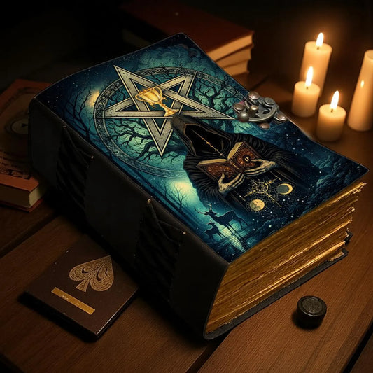 Handmade Gothic Leather Journal — Mystical Pentagram Spellbook, Dark Fantasy Grimoire Notebook, Vintage Witchcraft Gift