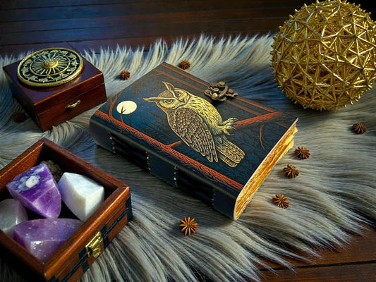 Owl Leather Journal – Handmade Gothic Grimoire Book of Shadows, 200 Pages Vintage Witchcraft Spellbook, Wiccan Pagan Magic Diary Occult Gift