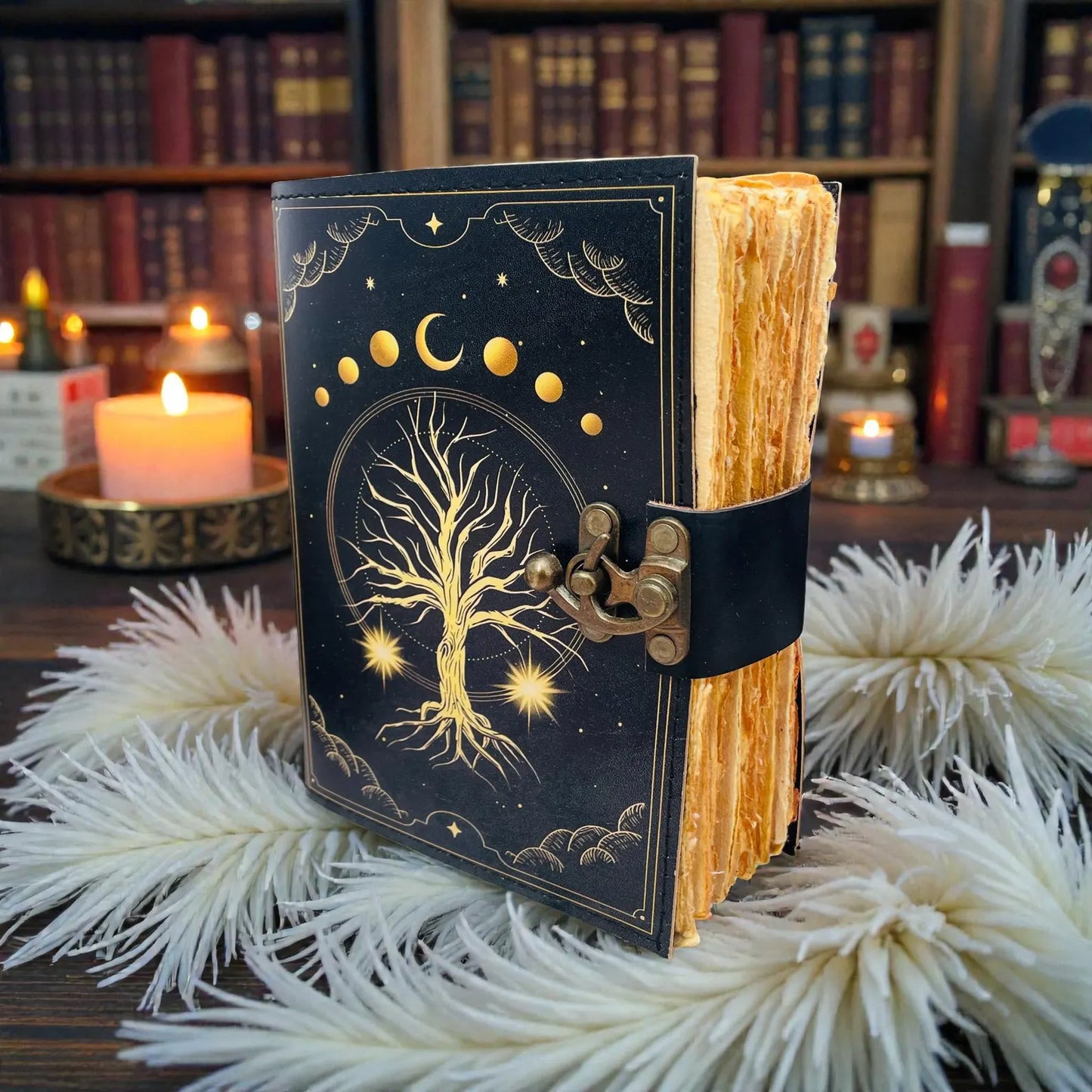 Tree of Life Leather Journal, 200 Page Grimoire, Celestial Spell Book Large Blank Book Of Shadows Gift For Birthday , Moon Journals