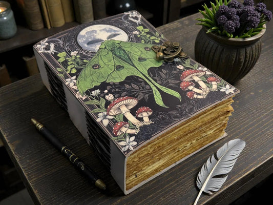 Mushroom Luna Moth Leather Grimoire – Witchy Forest Journal, Handmade Fantasy Writing Book gift for him her