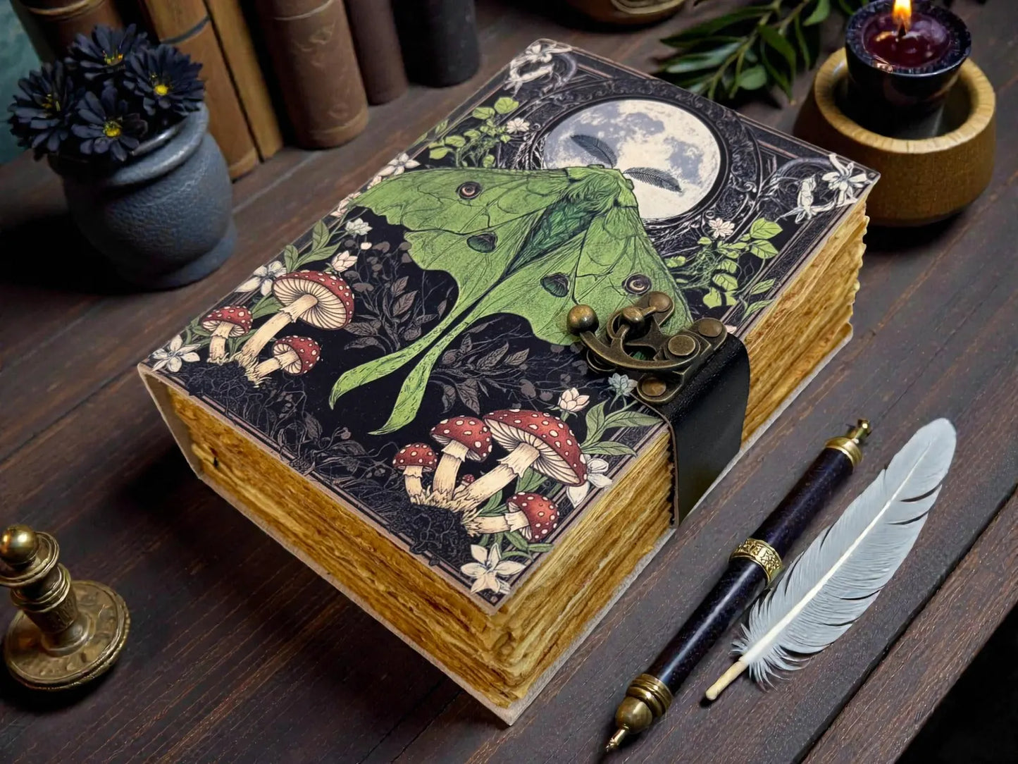Mushroom Luna Moth Leather Grimoire – Witchy Forest Journal, Handmade Fantasy Writing Book gift for him her