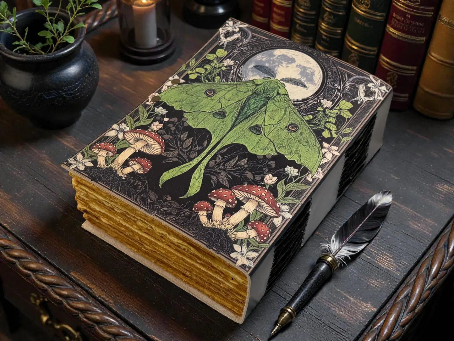 Mushroom Luna Moth Leather Grimoire – Witchy Forest Journal, Handmade Fantasy Writing Book gift for him her