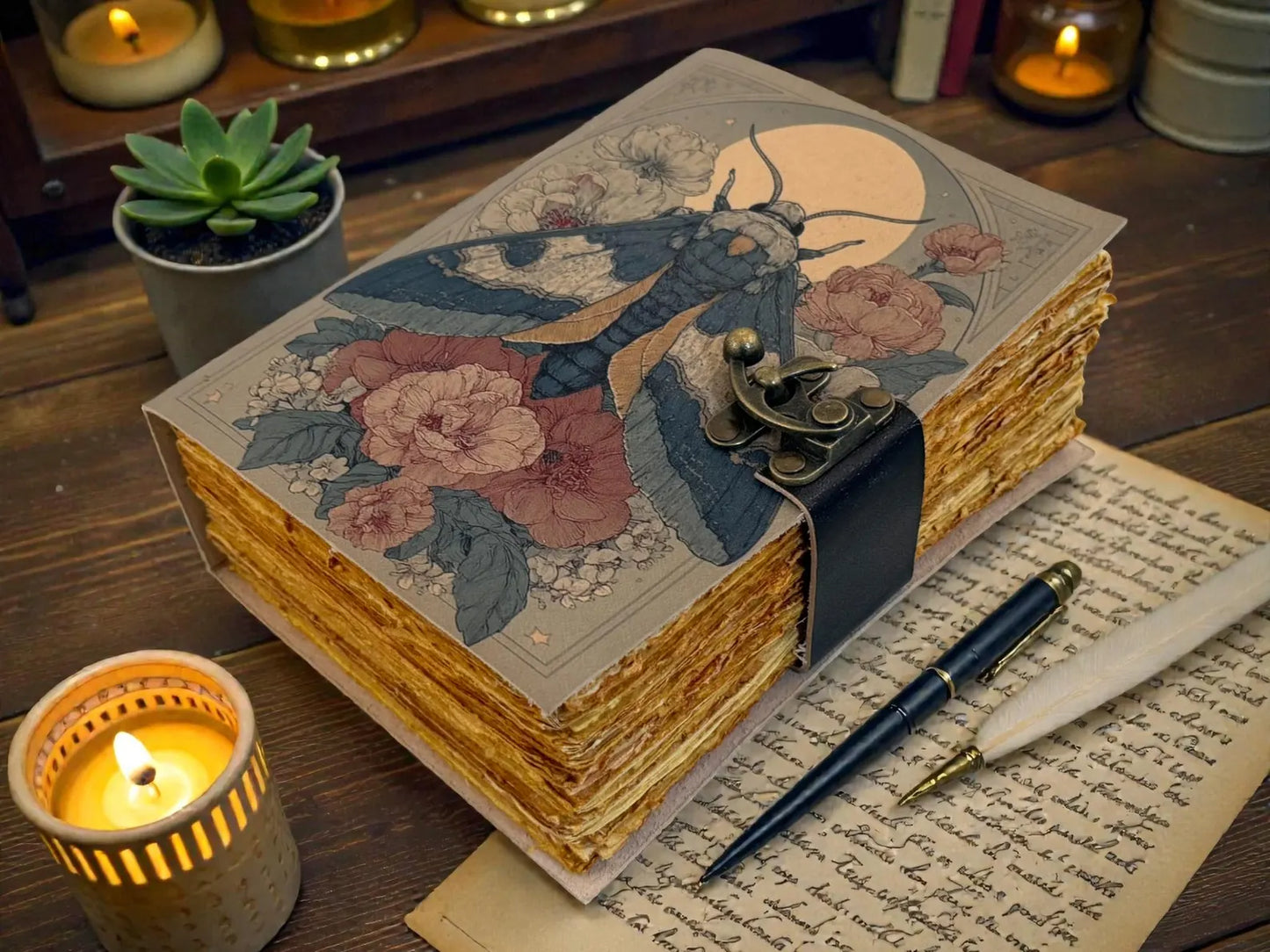Luna Moth Moon Leather Grimoire – Witchy Forest Journal, Handmade Celestial Writing Book gift for him