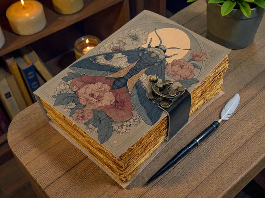 Luna Moth Moon Leather Grimoire – Witchy Forest Journal, Handmade Celestial Writing Book gift for him