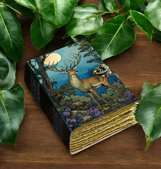 Deer Moon Grimoire Leather Journal: Deckle Edge Paper Notebook , Book of Shadows Gifts
