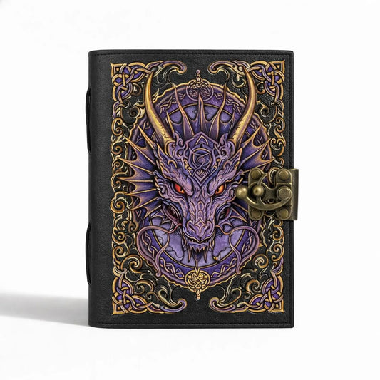 Midnight Purple Dragon Leather Journal – Handmade Leather Notebook with Dragon Artwork & Antique Lock