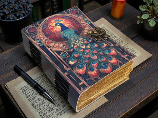 Peacock Leather Grimoire – Handmade Book of Shadows with Deckle Edge Pages