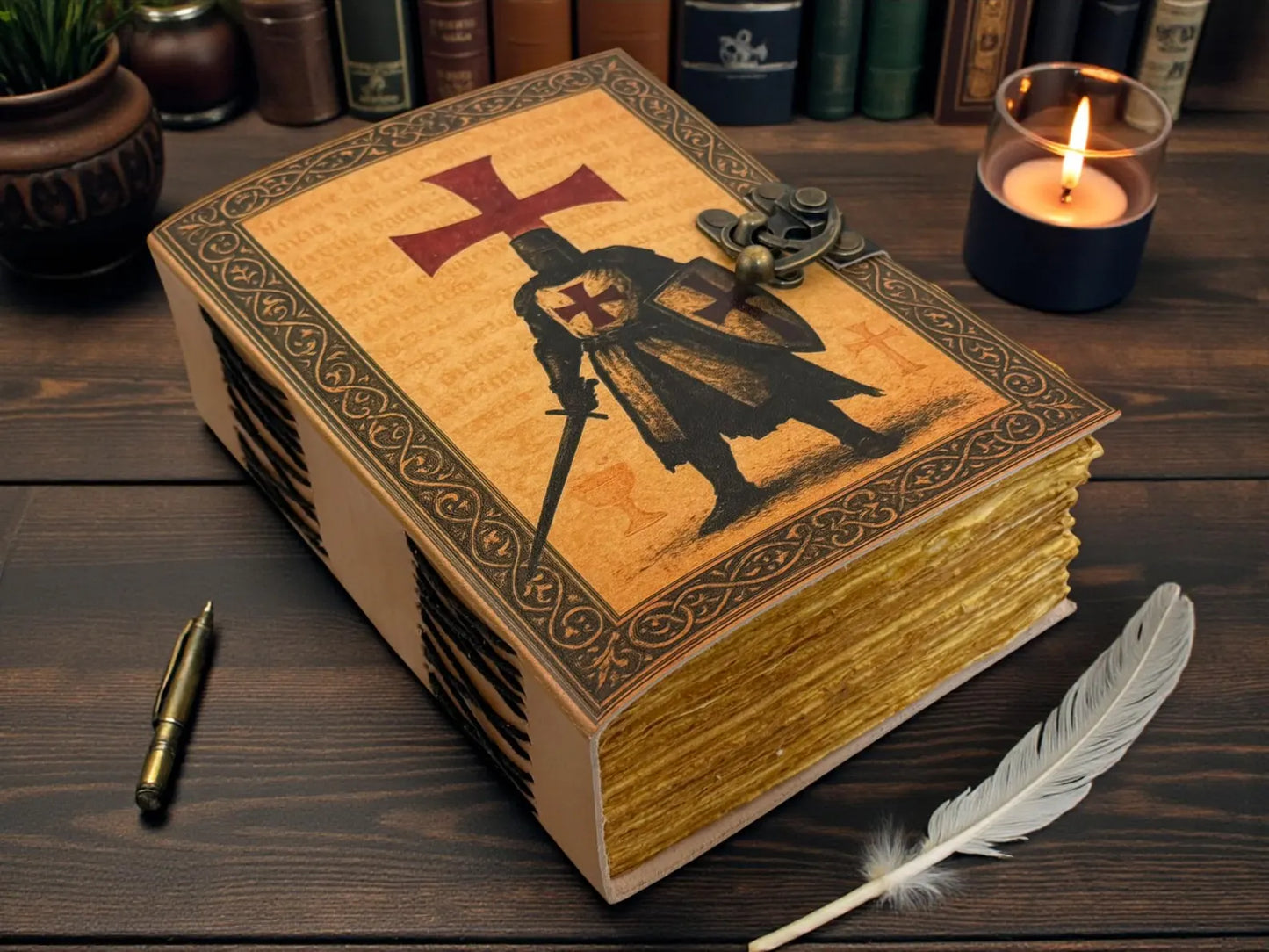 Templar Knight Leather Grimoire Handmade Journal – Medieval Crusader Notebook, Gothic Warrior Writing Diary