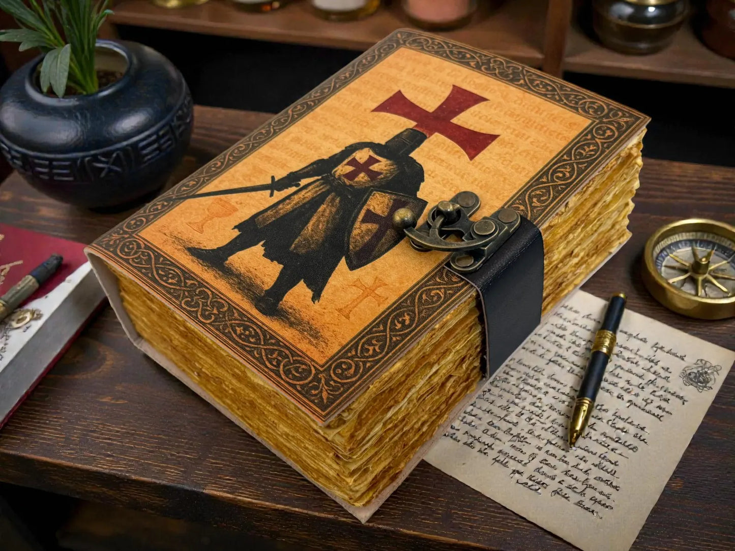 Templar Knight Leather Grimoire Handmade Journal – Medieval Crusader Notebook, Gothic Warrior Writing Diary