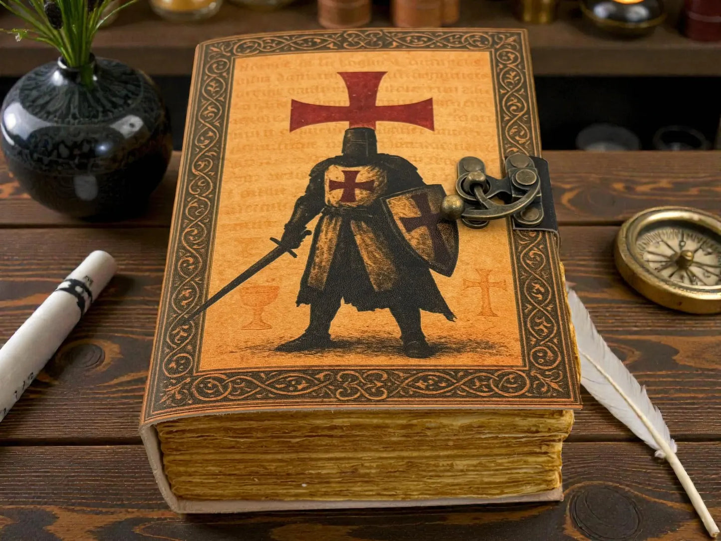 Templar Knight Leather Grimoire Handmade Journal – Medieval Crusader Notebook, Gothic Warrior Writing Diary