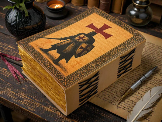 Templar Knight Leather Grimoire Handmade Journal – Medieval Crusader Notebook, Gothic Warrior Writing Diary