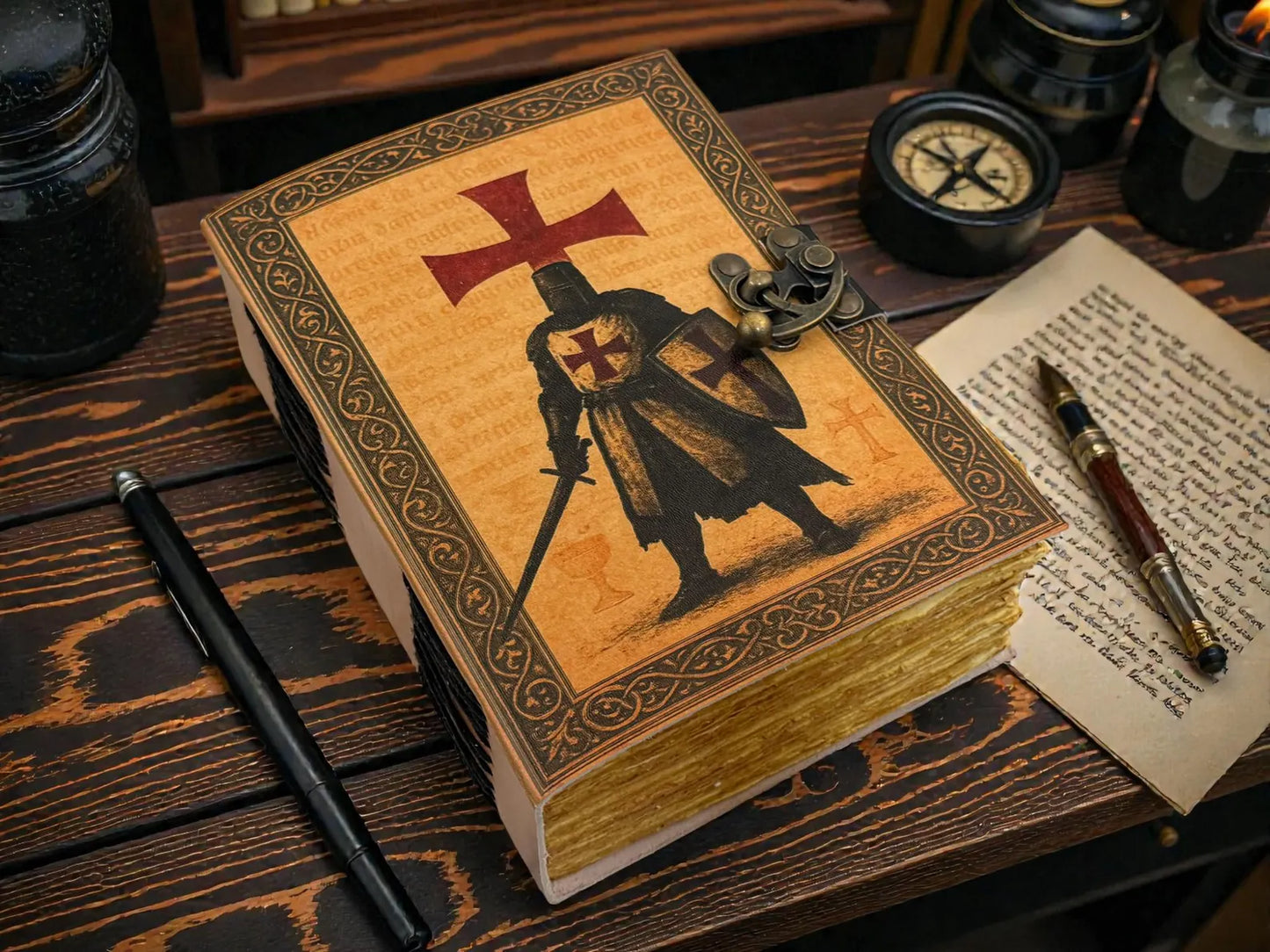 Templar Knight Leather Grimoire Handmade Journal – Medieval Crusader Notebook, Gothic Warrior Writing Diary