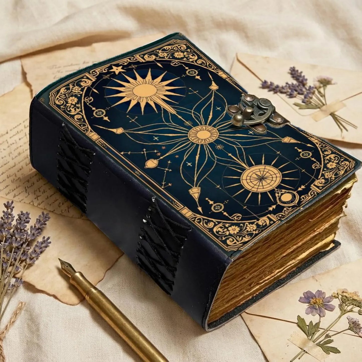 Celestial Compass Grimoire Journal | Vintage Star Map Spellbook with Aged Deckle Pages | Gothic Notebook | Antique Leather Diary Gift